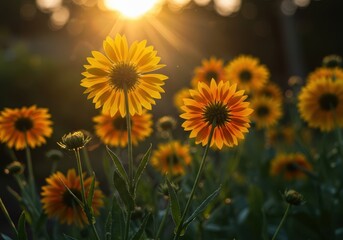 Obraz premium Captivating view of luminous yellow and orange blossoms basking in the intense, natural glow of morning sunlight, symbolizing energy and growth, growth, spring, floral