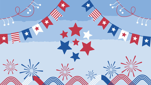 Decorative American bunting, stars, and patriotic firework patterns