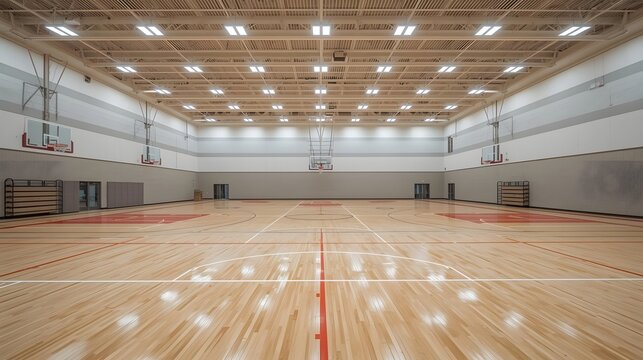 Modern Indoor Multi-Purpose Gymnasium with Polished Wooden Basketball Court and LED Lighting