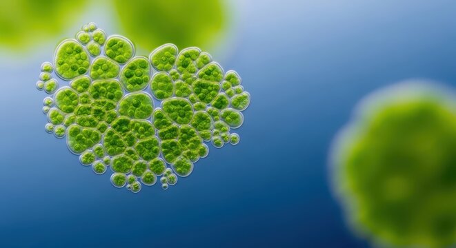 Close up view of green algae cells multiplying in water, showing ecosystem primary producers crucial for scientific research and aquatic food webs, ocean, fresh, bloom