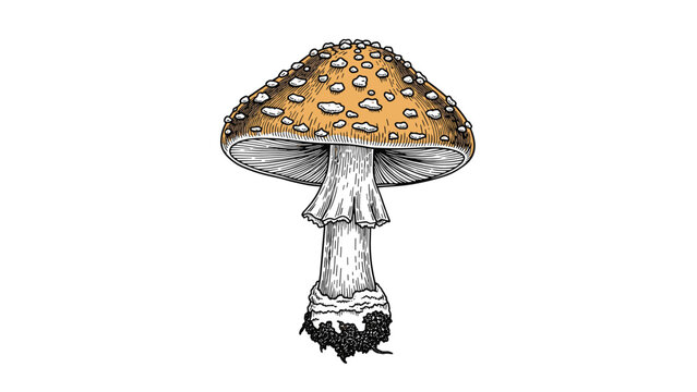 Fly agaric mushroom in a vintage hand drawn engraving style with detailed texture on the cap and stem isolated on white background.