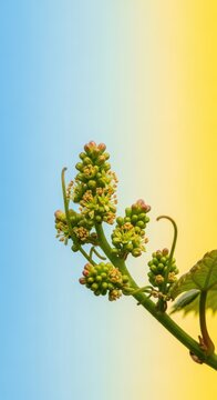D&eacute;licates fleurs de vigne s'&eacute;panouissent sur les jeunes sarments printaniers, signe de croissance et de l'arriv&eacute;e imminente des futurs fruits, biologique, vigne, fruit