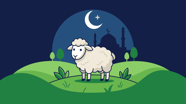 A minimalist flat design icon representing the Eid al-Adha sacrifice, featuring a stylized sheep against a mosque and crescent moon backdrop. This vector illustration uses simple shapes and a limited 