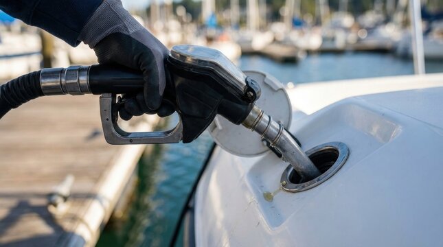 A gloved hand inserts a fuel nozzle into a white boat's tank opening Fuel drips on the hull a sunny marina backdrop
