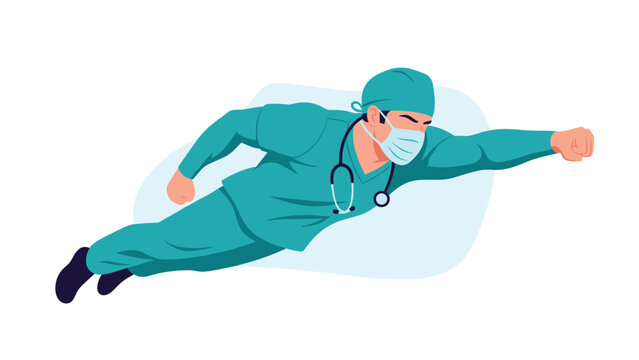 Superhero doctor character flying in scrubs and medical mask representing the heroic frontliners in the healthcare field.