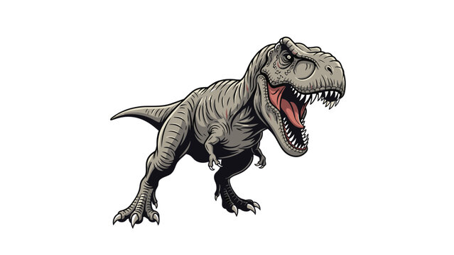 Detailed Tyrannosaurus Rex dinosaur illustration roaring with mouth open and sharp teeth on a plain white background.