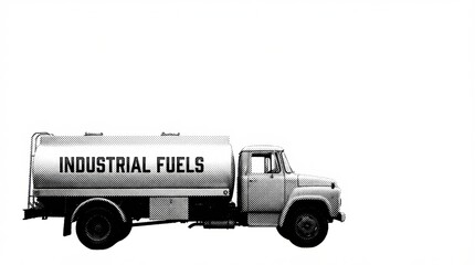 Monochrome halftone vintage fuel tanker truck with 'INDUSTRIAL FUELS' text on its tank against a plain white background