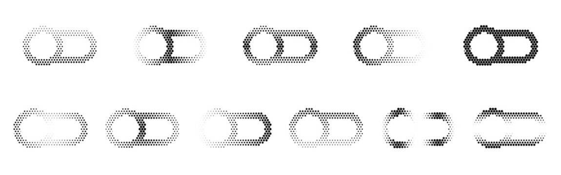 Set of 10 halftone circle patterns in black and white for print design, digital backgrounds, and paper textures