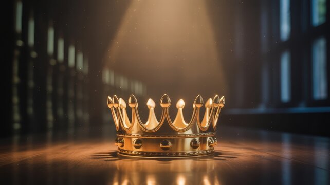 Golden crown illuminated by a single spotlight on a wooden table