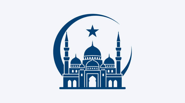 A striking flat design icon featuring a majestic mosque silhouette with domes and minarets, beautifully framed by a crescent moon and star.