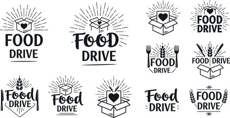 Fototapeta premium Food drive collection hand drawn style charity and donation emblems