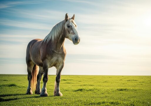 Majestic and powerful draft horse with feathered hooves, standing proudly in a green pasture under the bright daytime sun, symbolizing strength and farm labor, harness, black, strength