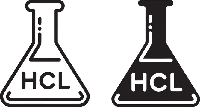 Two black and white illustrations of laboratory beakers with hcl labels