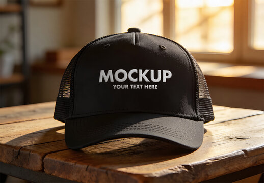 Blank Trucker Cap Mockup on Wooden Table with Natural Light