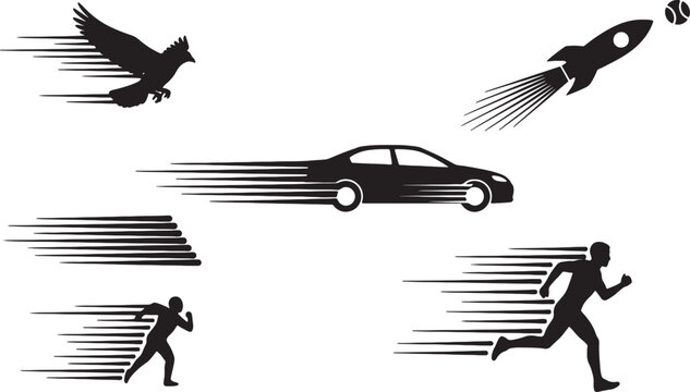 speed icons of car bird rocket and runners in motion