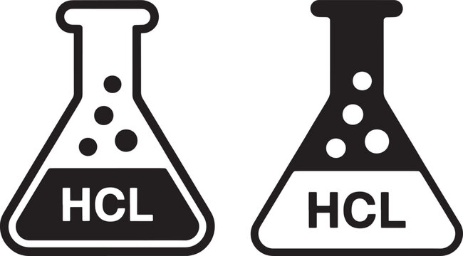 Two conical flasks displaying the chemical formula for hydrochloric acid