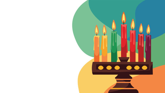 Traditional Hanukkah menorah with nine lit candles in bright colors set against a decorative abstract background for holiday cards.