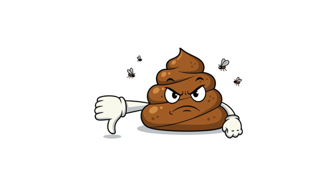 Angry brown poop character with a furrowed brow and a frowning mouth giving a thumbs down sign surrounded by flies.