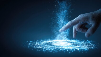 Fototapeta premium A hand reaches out, creating a luminous galaxy of swirling blue particles