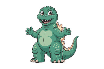 Obraz premium A cheerful cartoon style green dinosaur with large eyes and a friendly expression waving with welcoming arms on transparent background high-quality.