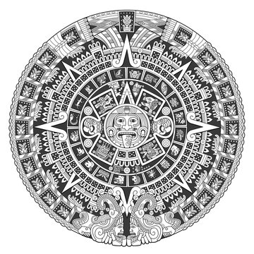 Great Aztec calendar stone, Aztec sun stone with the glyph called movement with the face of the sun god Tonatiuh at the center, surrounded by the 20 day signs, and showing cardinal directions.