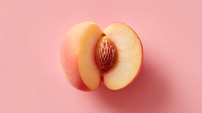 Freshly sliced peach revealing its juicy inner flesh and central pit