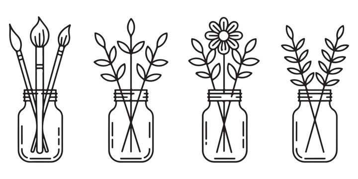 Line Art Illustration of Flowers and Paintbrushes in Mason Jars