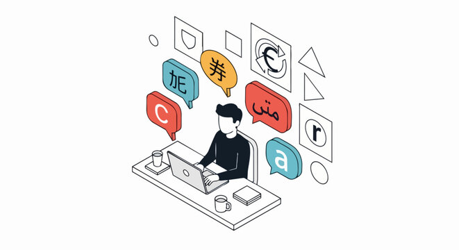 Isometric Illustration of Global Communication and Translation. Professional at laptop with multilingual speech bubbles for international business and localization services.
