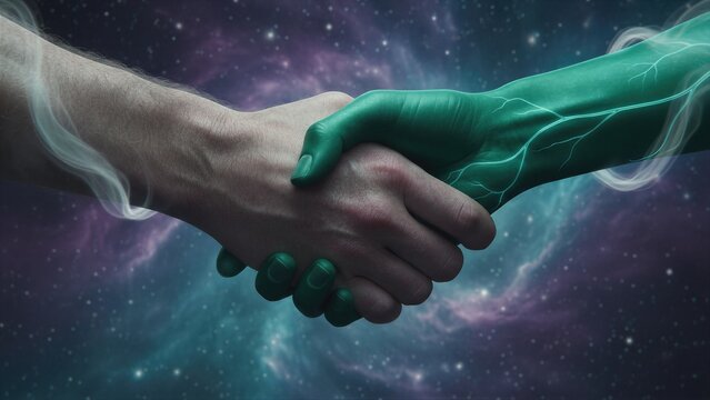 Human and alien shaking hands in deep space. Concept of interstellar cooperation, diplomacy, and first contact. Sci-fi visualization of cosmic unity between humanity and extraterrestrial life.