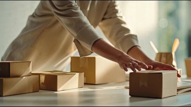 Hands carefully arranging and preparing multiple cardboard boxes for shipping and delivery on a sunlit desk, showcasing meticulous packaging work and order fulfillment for e-commerce businesses