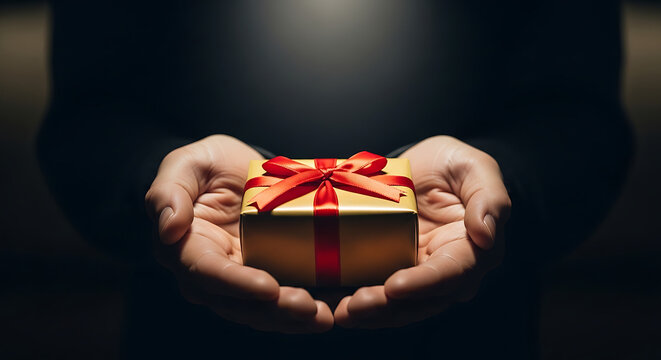 Hands holding gift box with red ribbon on dark background for celebration