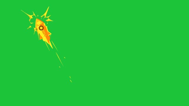 cartoon rocket launching upward with bright flame trail simple animation on green background space concept