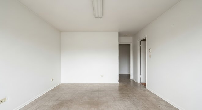 Empty, Bare Rental Unit Interior with Stark White Walls, Parquet Flooring, and Opened Doorway