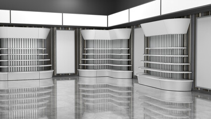 Store interior mockup with rounded shopping gondolas and blank glowing wall banners. 3d illustration © Wire_man