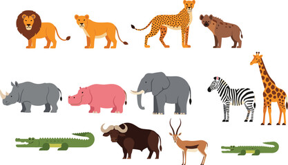 Fototapeta premium African Safari Animals Set with Lion, Cheetah, Hyena, Elephant, Zebra, Giraffe, Rhino, Hippo and Crocodile Flat Vector Illustrations for Wildlife Design.