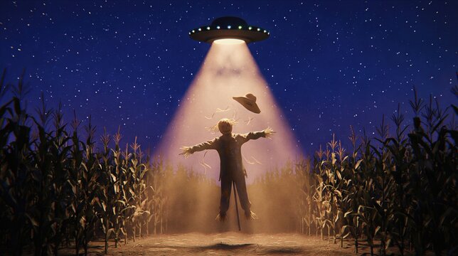 Alien ufo spaceship hovering over cornfield and abducting straw scarecrow in night sky. Extraterrestrial life and paranormal mystery. Science fiction encounter with unidentified flying object.