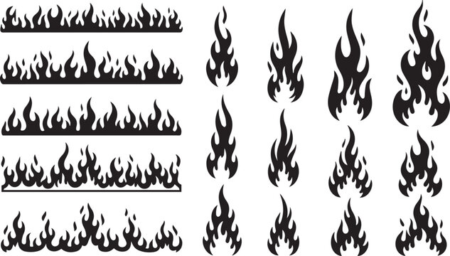 Black fire flame silhouettes and borders set, vector flame icons isolated on a white background.