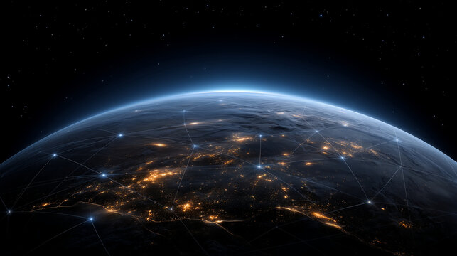 Connected Earth Surface with Glowing Data Links, Smart City Network and Global Communication Concept, connected earth, smart city network, global communication, digital planet, dat