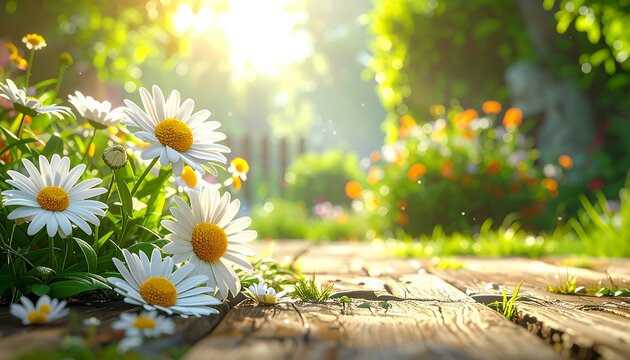 A sun-drenched garden scene featuring daisies, flowers, wooden path, lush foliage, with a soft, blurred background