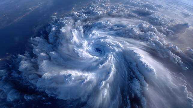 Giant Cyclone Seen from Orbit, Realistic Satellite Image of Hurricane Spiral Over Earth, hurricane from orbit, giant cyclone, storm eye, satellite weather image, atmospheric spiral
