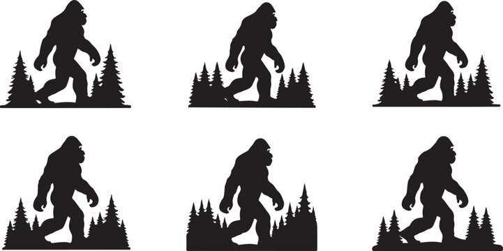 Bigfoot Silhouettes in Forest Landscape Illustrations Set