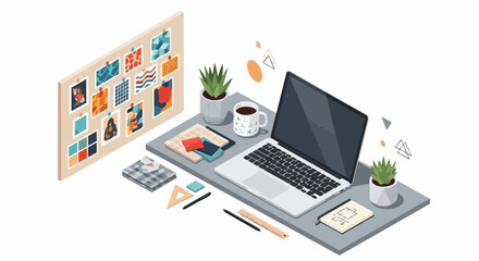 Naklejka premium Isometric Illustration of a Modern Creative Workspace with Laptop, Mood Board, and Design Tools