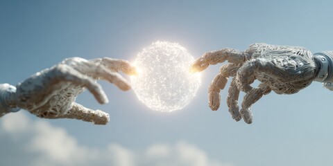 Fototapeta premium Two intricate robotic hands reaching towards a glowing, spherical energy orb in clear sky