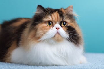 Fototapeta premium Fluffy persian calico cat golden eyes lying on blue surface white chest soft fur closeup portrait
