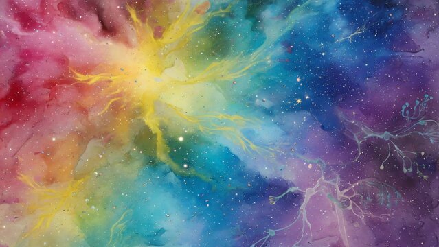 Sfondo astratto ad acquerello con galassia colorata e stelle luminose