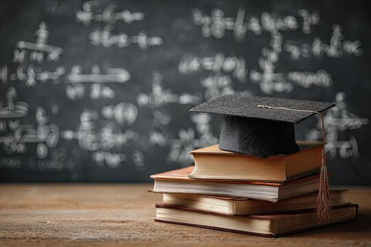 Graduation cap atop books on desk before blackboard with equations