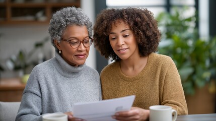 Fototapeta premium Elderly woman and millennial daughter reviewing house blueprints at kitchen table with mortgage documents spread between coffee mugs, spring sunlight streaming through window, perfect for