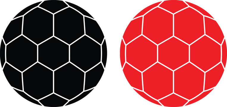 Comparison of black and red soccer balls with pentagonal and hexagonal patterns