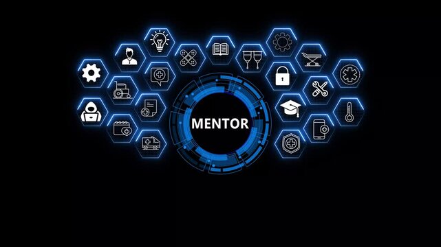 Futuristic Digital Interface with Expertise Concept, FDA Healthcare and Mentor Technology Icons Animation .4k Animation Video