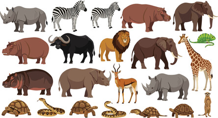 African Safari Animals Vector Illustration Set Featuring Elephant, Lion, Giraffe, Zebra, Rhino, Hippo, Buffalo, Tortoise, Snake, and Chameleon in Flat Cartoon Style. © MstSuborna